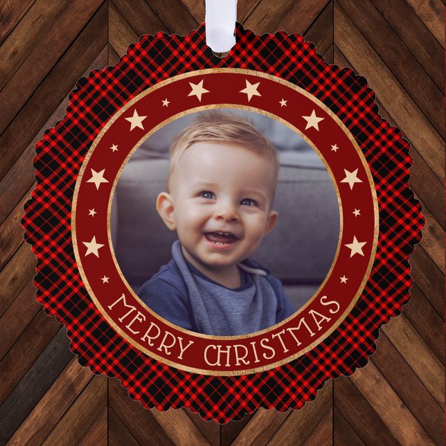   Red Buffalo Plaid & Stars Merry Christmas Rustic Tree Decoration Card (Creator Uploaded)