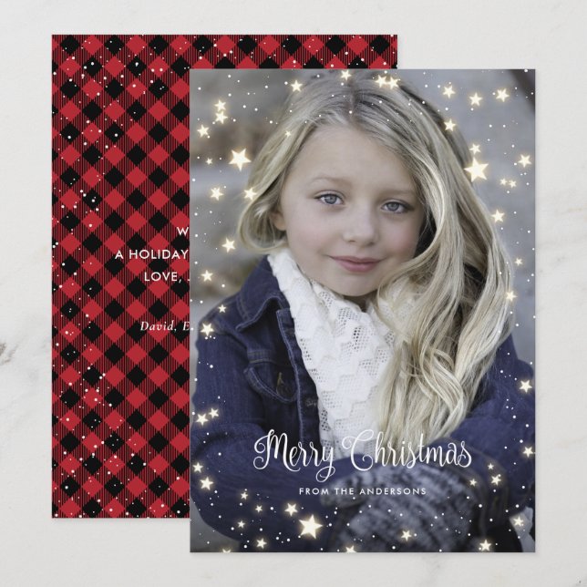 Red Buffalo Plaid Stars Photo Christmas Cards (Front/Back)