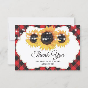 Red Buffalo Plaid String Lights Sunflower Wedding Thank You Card