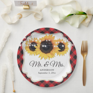 Red Buffalo Plaid Sunflower Mr and Mrs Wedding Paper Plate