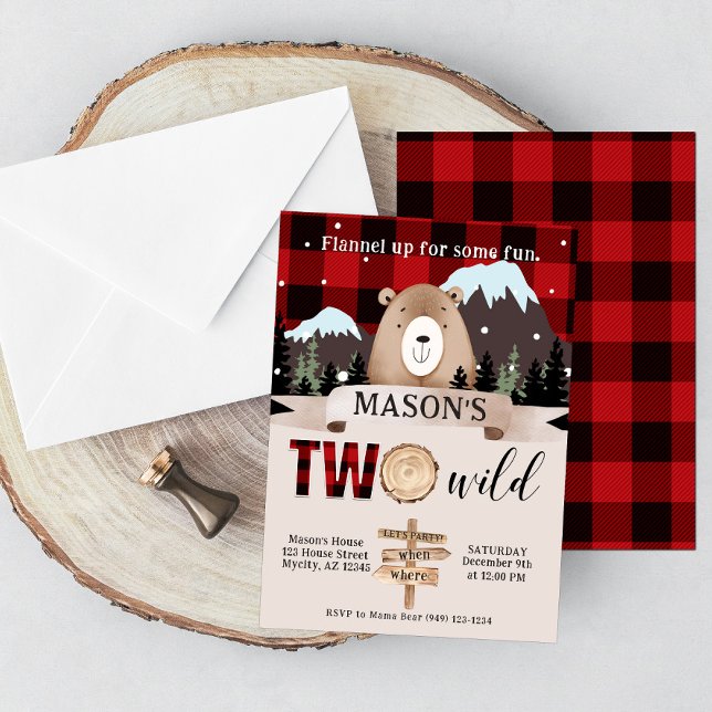 Red Buffalo Plaid Two Wild Bear 2nd Birthday Invitation (Creator Uploaded)