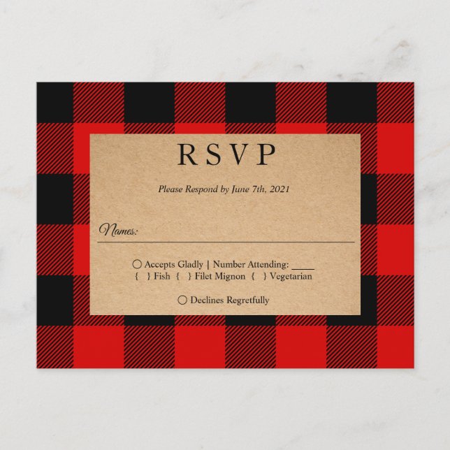 Red Buffalo Plaid Vintage Craft Invitation Postcar (Front)
