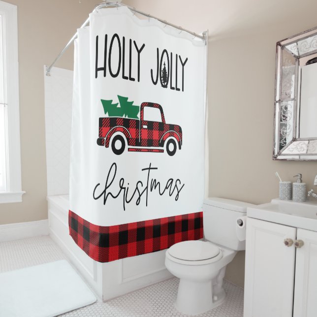 Red Buffalo Plaid Vintage Truck Christmas  Shower Curtain (In Situ)