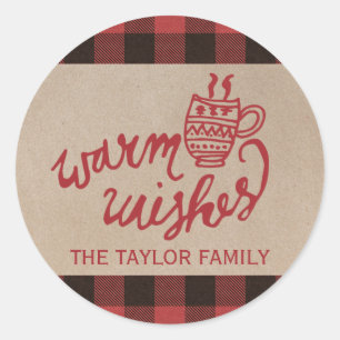 Red Buffalo Plaid Warm Wishes Christmas Classic Round Sticker