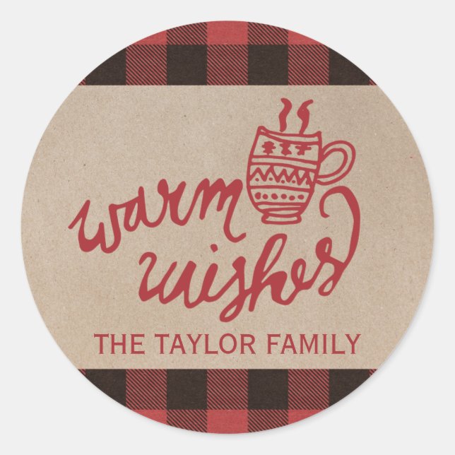 Red Buffalo Plaid Warm Wishes Christmas Classic Round Sticker (Front)