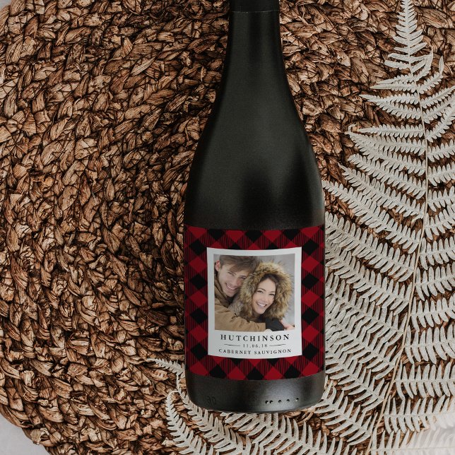 Red Buffalo Plaid Wedding Favour Photo Wine Labels (Creator Uploaded)