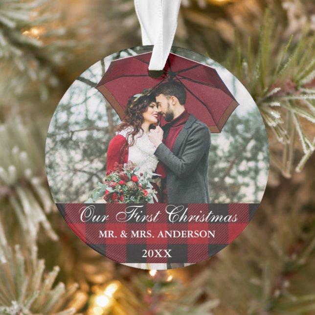 Red Buffalo Plaid Wedding Our First Christmas Ornament (Tree)