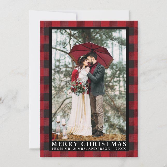 Red Buffalo Plaid Wedding Photo Merry Christmas Holiday Card (Front)