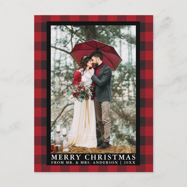Red Buffalo Plaid Wedding Photo Merry Christmas Postcard (Front)