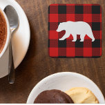 Red Buffalo Plaid & White Bear Square Paper Coaster<br><div class="desc">Red Buffalo Plaid & White Bear</div>