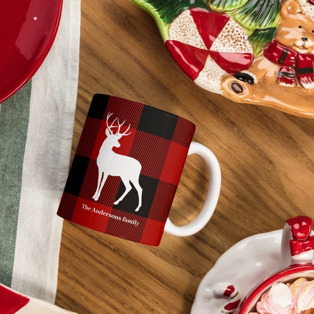 Red Buffalo Plaid & White Deer | Personal Name Mug (Creator Uploaded)