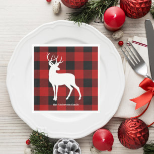 Red Buffalo Plaid & White Deer   Personal Name Napkin
