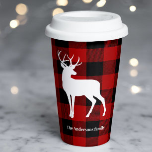 Red Buffalo Plaid & White Deer   Personal Name Paper Cups
