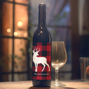 Red Buffalo Plaid & White Deer   Personal Name Wine Label