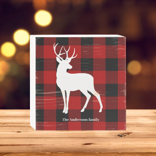 Red Buffalo Plaid & White Deer   Personal Name Wooden Box Sign