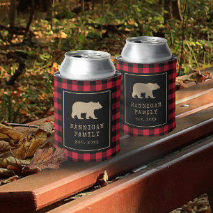 Red Buffalo Plaid With Bear Family Name Can Cooler