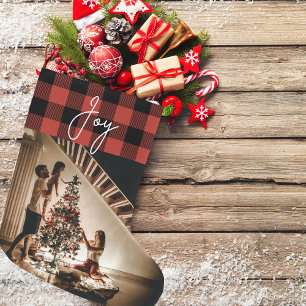 Red Buffalo Plaid With Photo And Joy Large Christmas Stocking
