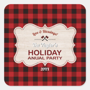 Red Buffalo Plaid Wood Holiday Annual Party Square Sticker