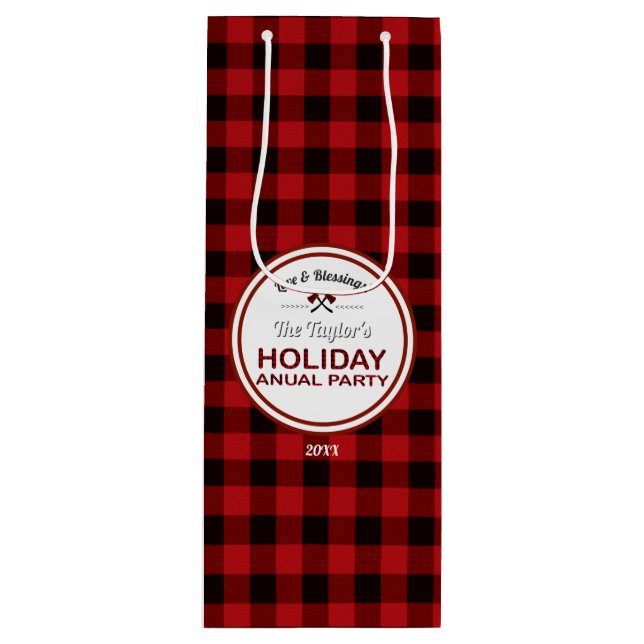 Red Buffalo Plaid Wood Holiday Annual Party Wine Gift Bag (Front)