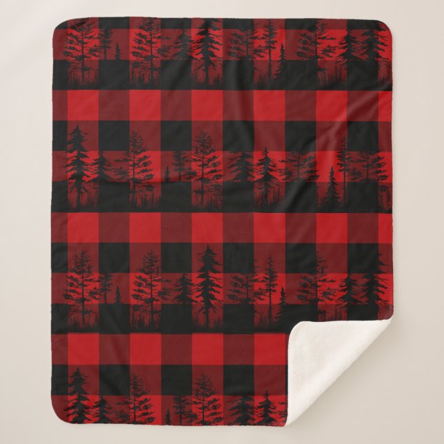 Red Buffalo Plaid Woodland Forest Tree Line Sherpa Blanket (Front)