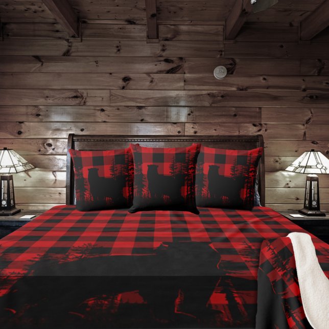 Red Buffalo Plaid Woodland Pine Forest Bear Cushion (Red Buffalo Plaid Woodland Pine Forest Bear Throw Pillow)