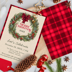 Red Buffalo Plaid Wreath Christmas Party Invitation