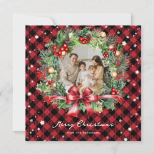 Red Buffalo Plaid Wreath Stars Photo Christmas Holiday Card