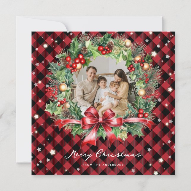 Red Buffalo Plaid Wreath Stars Photo Christmas Holiday Card (Front)