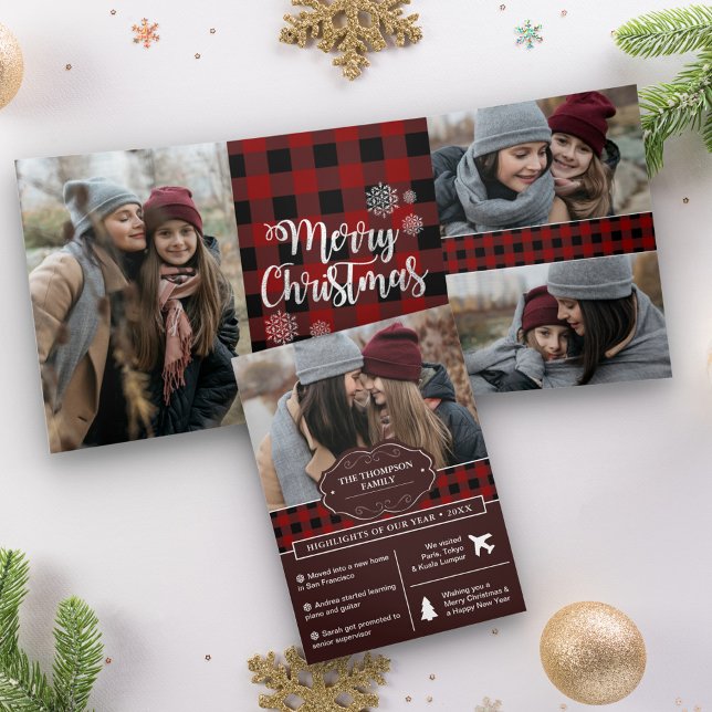 Red Buffalo Plaid Year in Review Christmas Photo Tri-Fold Holiday Card (Creator Uploaded)