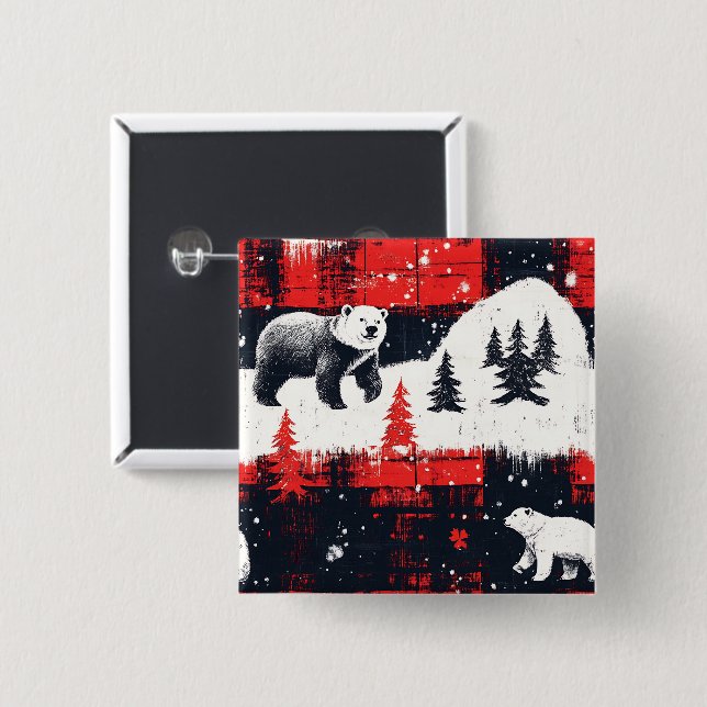 Red Buffalo Plaids Polar Bear 15 Cm Square Badge (Front & Back)