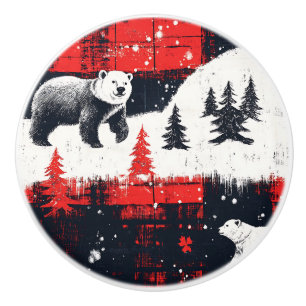 Red Buffalo Plaids Polar Bear Ceramic Knob