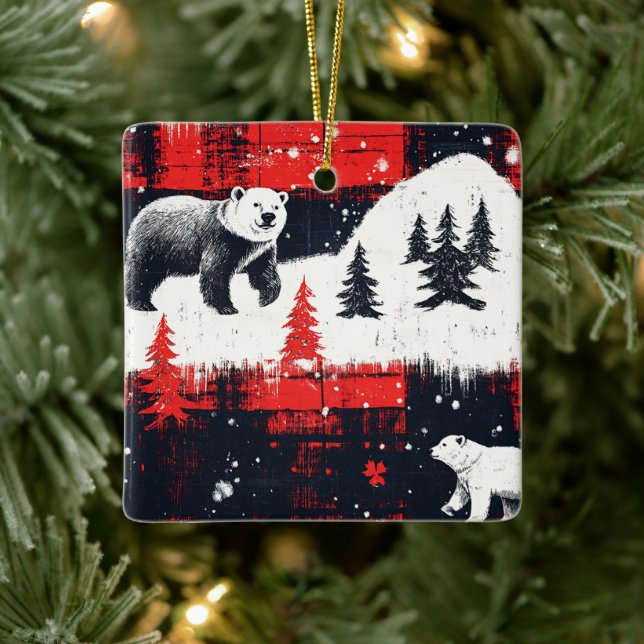 Red Buffalo Plaids Polar Bear Ceramic Ornament (Tree)
