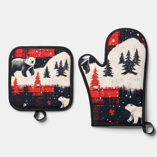 Red Buffalo Plaids Polar Bear Oven Mitt & Pot Holder Set (Front)