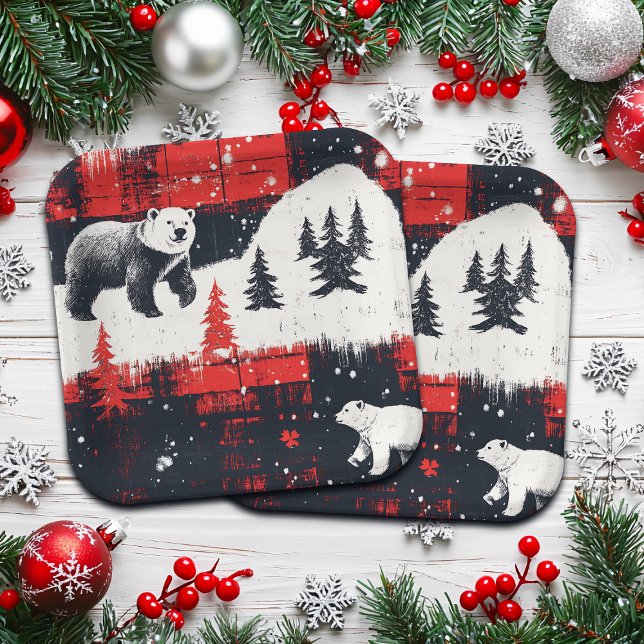 Red Buffalo Plaids Polar Bear Paper Plate (Creator Uploaded)