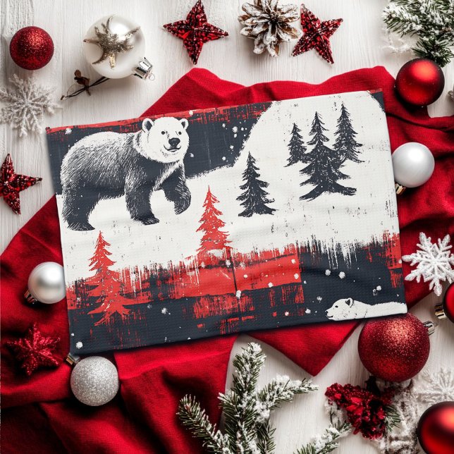 Red Buffalo Plaids Polar Bear Tea Towel (Creator Uploaded)