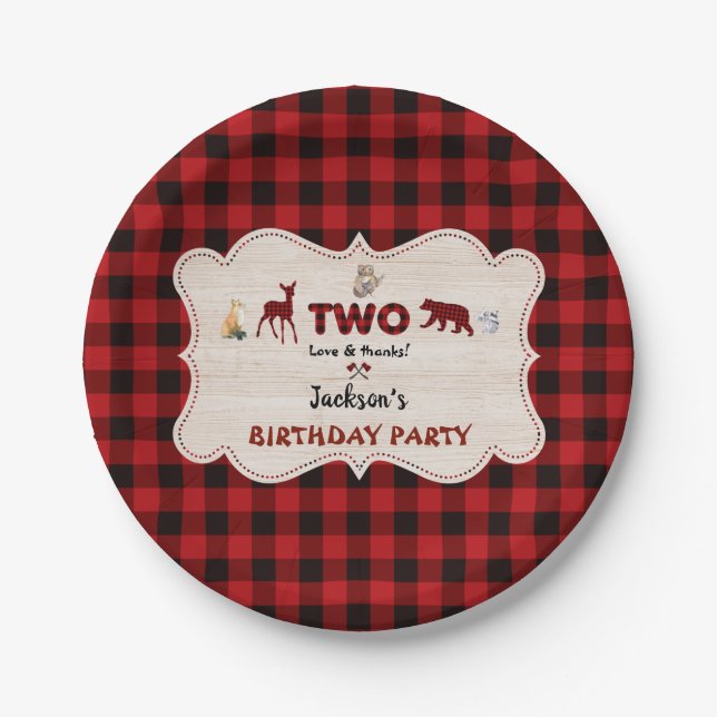 Red Buffalo Woodland Animals Boy 2nd Birthday Paper Plate (Front)