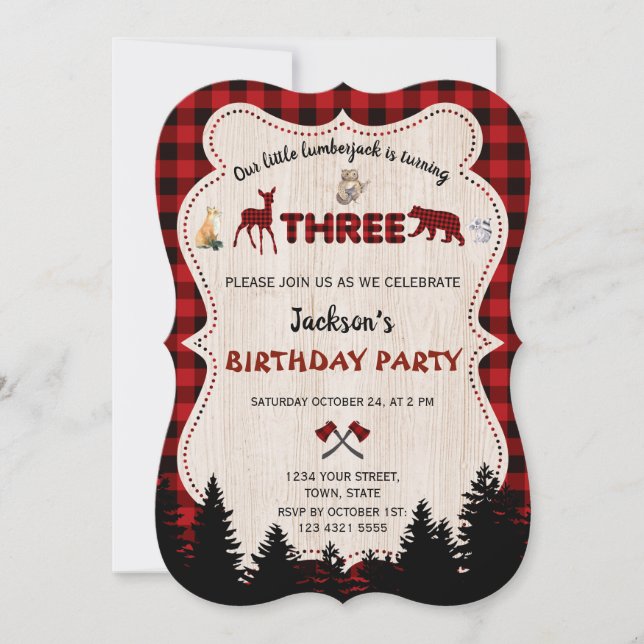 Red Buffalo Woodland Animals Boy 3rd Birthday Invitation (Front)