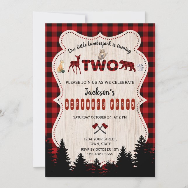 Red Buffalo Woodland Animals Boy Birthday Invitation (Front)