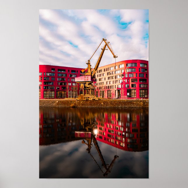 Red Building Reflections – Duisburg Harbourside Poster (Front)