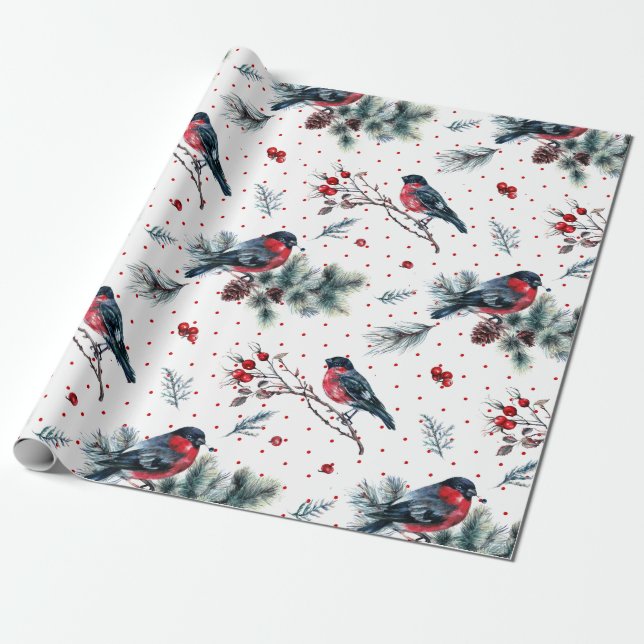 Red Bull-finch & Christmas Foliage Pattern Wrapping Paper (Unrolled)
