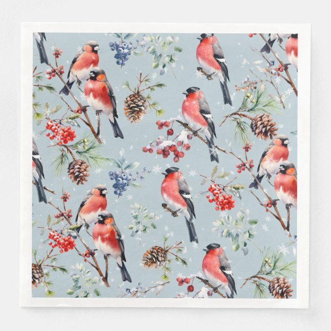 Red Bullfinch Christmas Birds Berries & Pine Cones Napkin (Front)