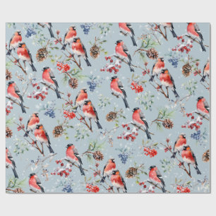 Red Bullfinch Christmas Birds Berries & Pine Cones Wrapping Paper