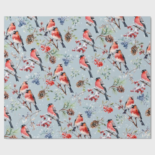 Red Bullfinch Christmas Birds Berries & Pine Cones Wrapping Paper (Flat)