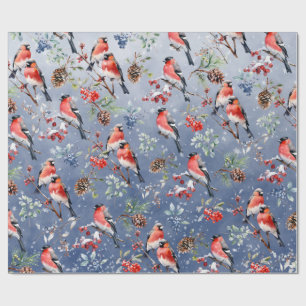 Red Bullfinch Christmas Birds Berries & Pine Cones Wrapping Paper