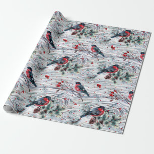 Red Bullfinch & Christmas Foliage Pattern Wrapping Paper