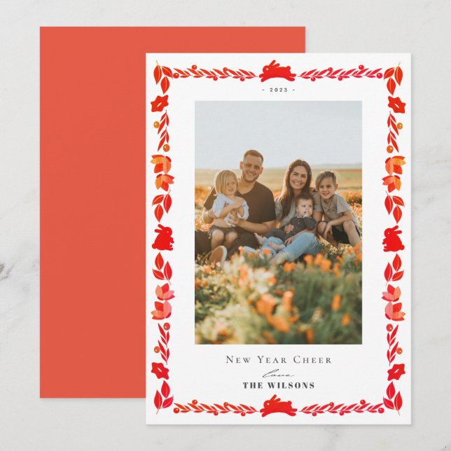 Red Bunny Folk Art New Year Holiday Photo Card (Front/Back)