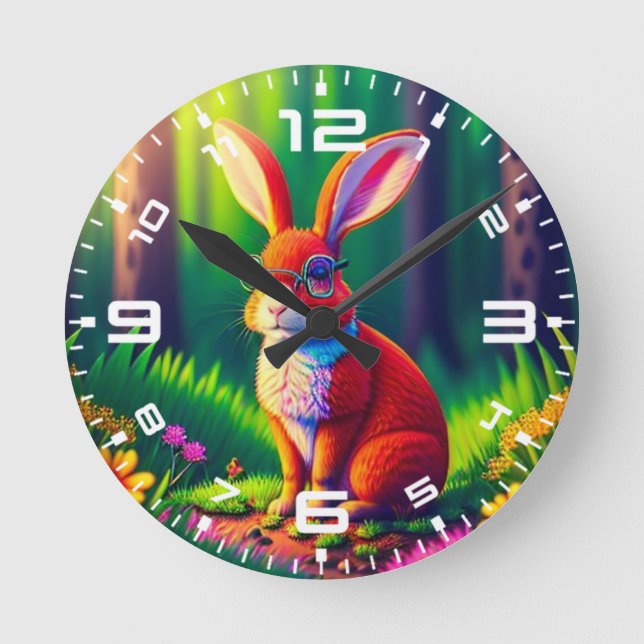 Red Bunny Sitting on Grass Round Clock (Front)