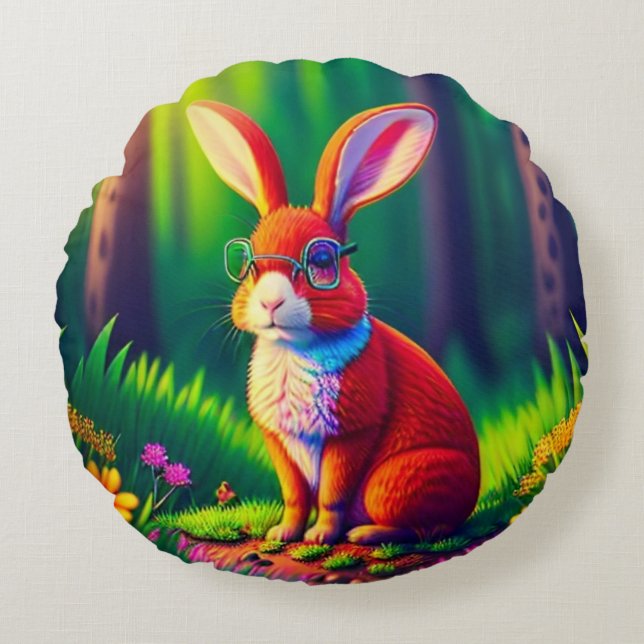 Red Bunny Sitting on Grass Round Cushion (Front)