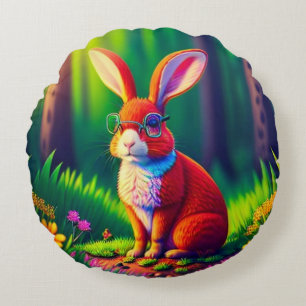 Red Bunny Sitting on the Grass Round Cushion