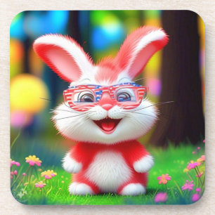 Red Bunny with American Glasses Cartoon-44244 Coaster